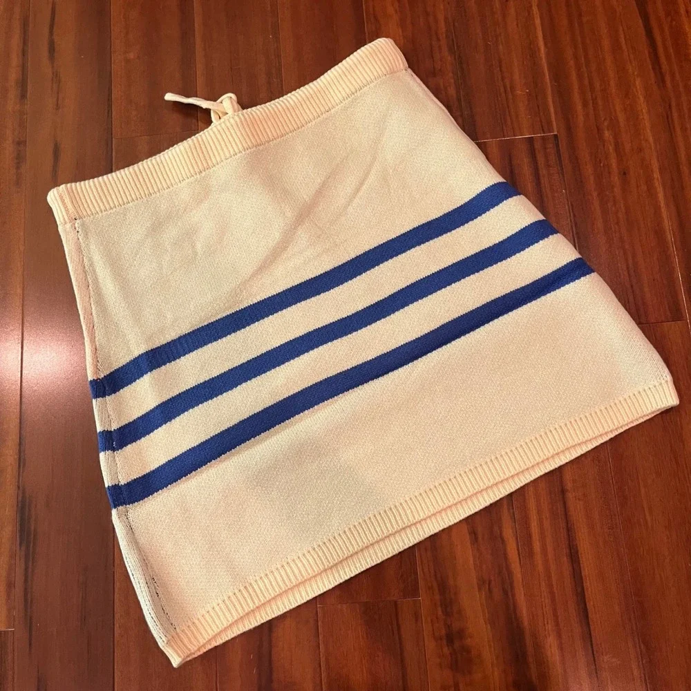 Retro Sun Graphic Knit Mini Skirt Cream Blue Striped Drawstring‎ Waist XL